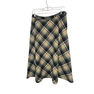 Plaid Wool Blend A-Line Midi Skirt Green Tan Dark Academia Size 16